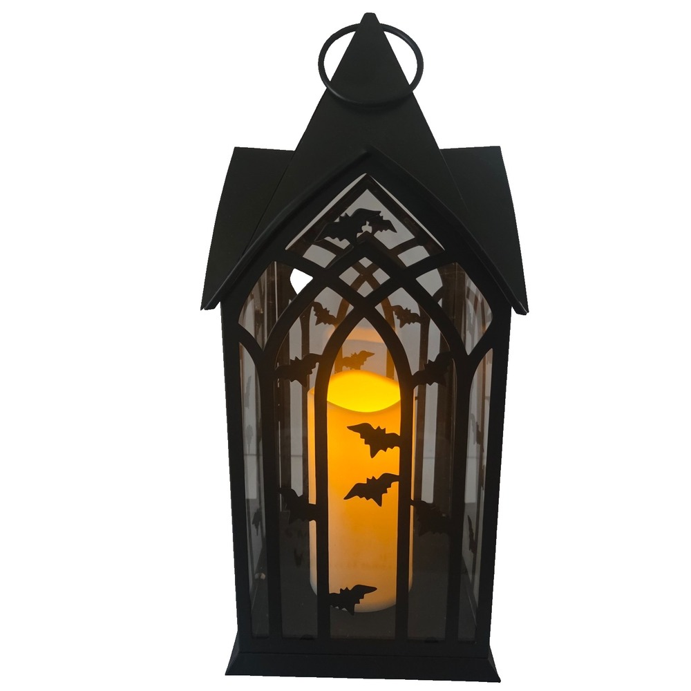 Bella Lux Halloween Gothic Bat Lantern LED Flickering Candle Timer Black 16 Inch